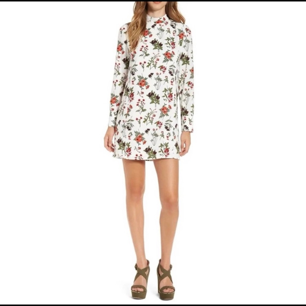 Leith Ivory Floral Mock Neck Peek a boo Back Long Sleeves Dress Size M